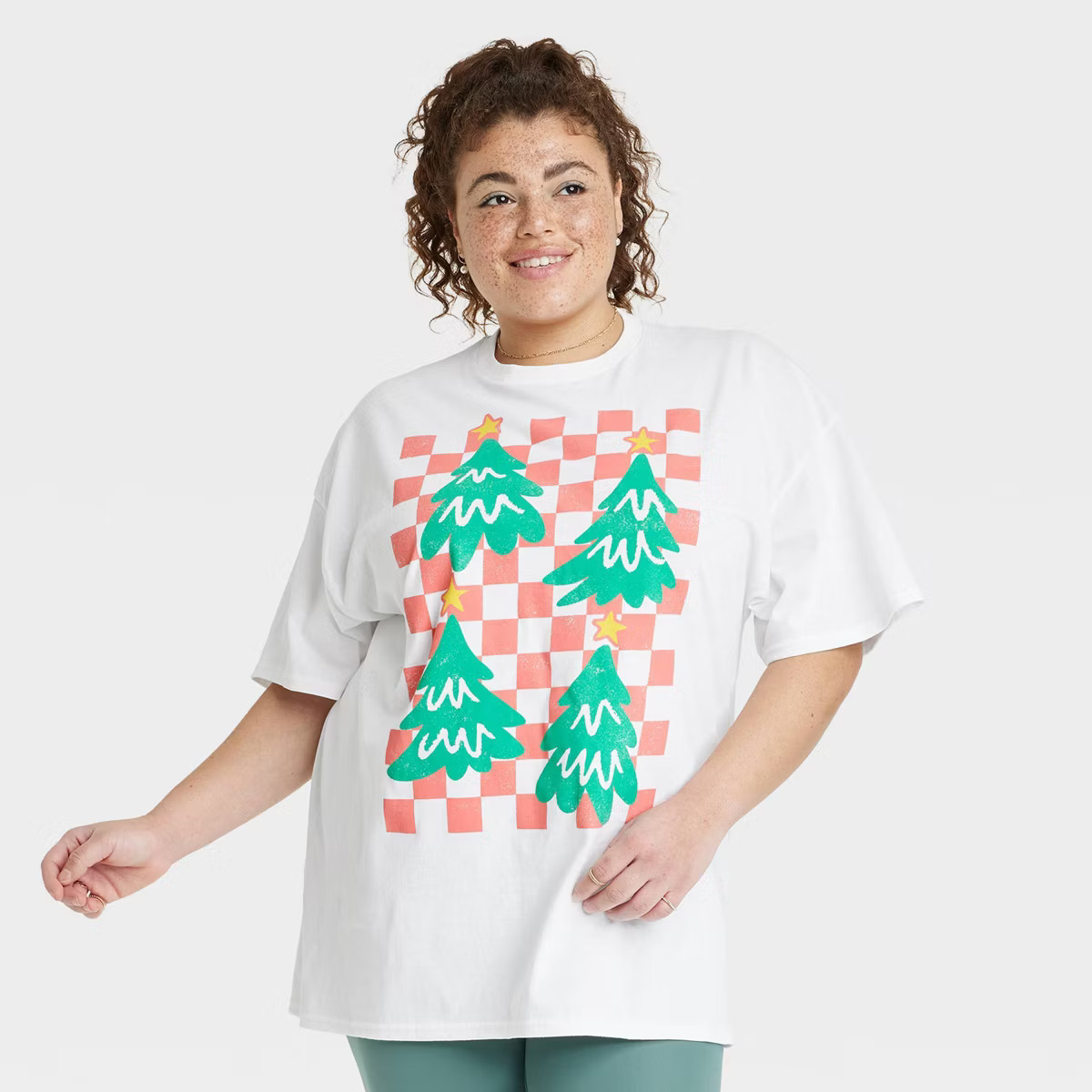 Women's Holiday Checker Short Sleeve Graphic T-Shirt - White | Target