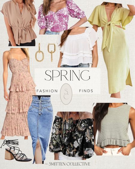 Spring fashion finds include crochet top, floral blouse, denim skirt, floral dress, strappy heels, gold earrings, white ruffled shirt, floral puff sleeve shirt, tie front dress, and button down shirt.

Spring dress, spring shirt, spring outfit, fashion finds

#LTKstyletip #LTKfindsunder100 #LTKshoecrush