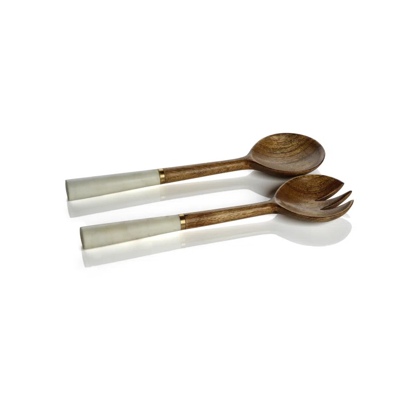 Ailani Mango Wood And Marble Salad Sever Set | Wayfair North America