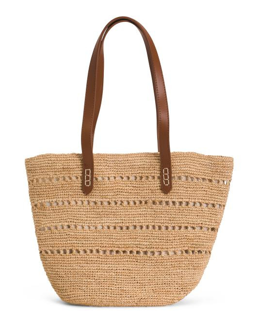Handmade Raffia Tote With Leather Trim | TJ Maxx