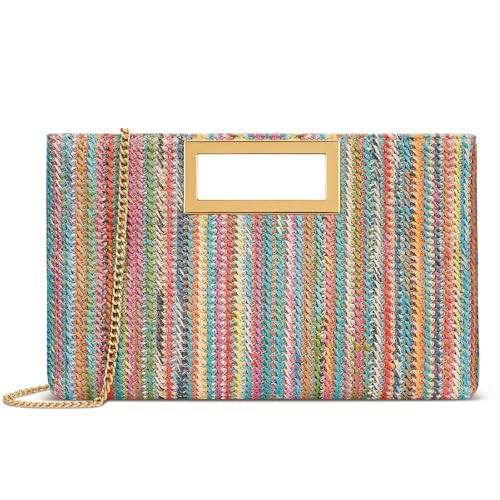 KKXIU Straw Clutch Purse for Women Summer Evening Handbag Beach Shoulder Bag with Gold Chain (A-Colorful) | Amazon (US)