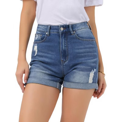 INSPIRE CHIC Women's Denim Stretchy Ripped Rolled Hem Cuffed Jean Shorts X-Small Blue | Target