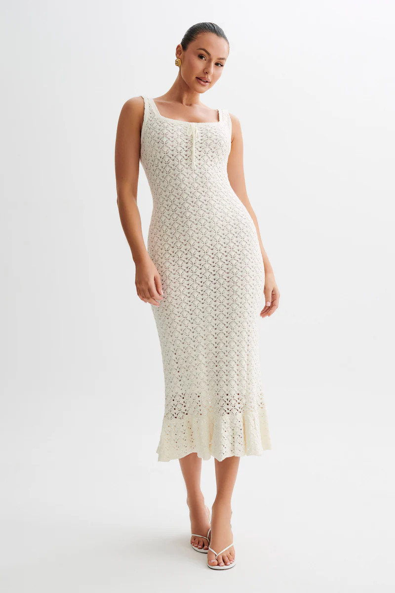 Sylvie Frill Knit Midi Dresses - Ivory | MESHKI US