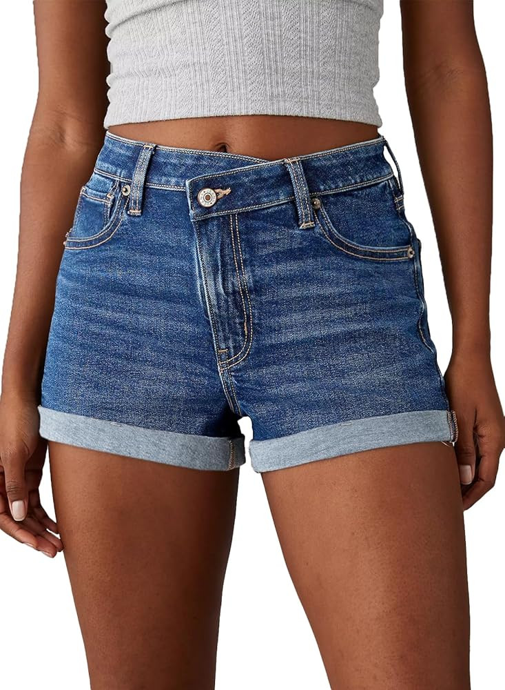 Sidefeel Women's Jean Shorts High Waisted Stretchy Casual Rolled Hem Zimbaplatinum Denim Shorts | Amazon (US)