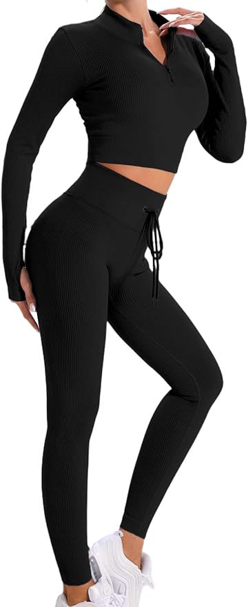 KIKIWING Workout Sets for Women 2 piece Ribbed Workout Outfits Sports Bra Zipper High Waist Leggi... | Amazon (US)