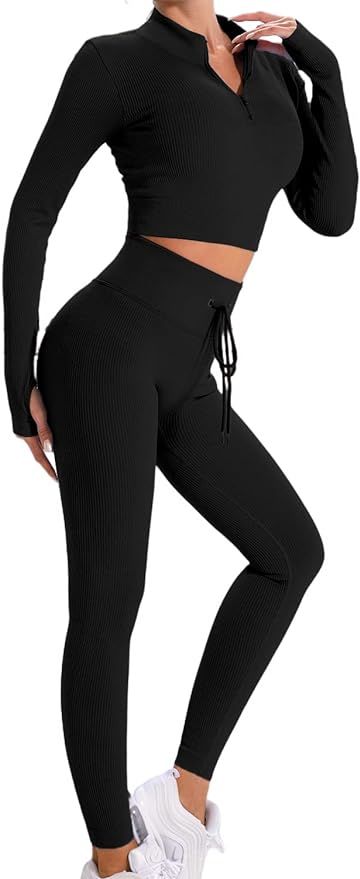 KIKIWING Workout Sets for Women 2 piece Ribbed Workout Outfits Sports Bra Zipper High Waist Leggi... | Amazon (US)