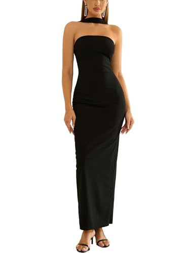 HTZMO Women Elegant Summer Bodycon Maxi Dress Halter Neck Formal Wedding Guest Cocktail Party Long Dresses Black | Amazon (US)