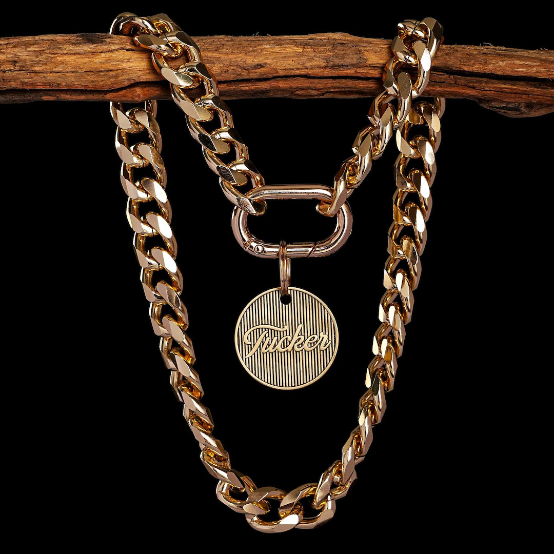 Gold Pet Chain, Custom Brass Pet ID Tag, Lightweight Cuban Link Dog Chain, Luxury Pet Jewelry Gif... | Etsy (Global)