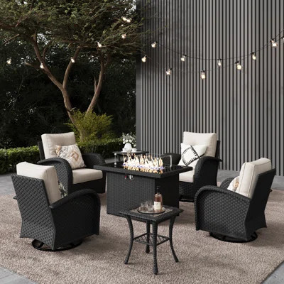 7 Pieces Outdoor Patio Furniture Set With Fire Pit Table, Rattan Wicker Sectional Swivel Rocker Chairs Sets | Wayfair North America