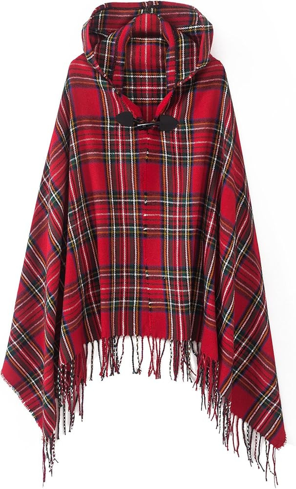 Women's Vintage Plaid Knitted Tassel Poncho Shawl Cape Button Cardigan | Amazon (US)
