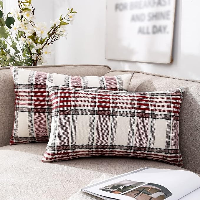 CARRIE HOME Red Tartan Plaid Christmas Lumbar Pillow Cover 12x20 Set of 2 Farmhouse Buffalo Plaid... | Amazon (US)