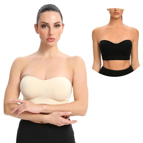 Gnowann Strapless Bras for Women Non-Slip Silicone Bandeau Bralette Seamless Wireless Strapless Bra Padded Tube Top Black+Beige 2XL | Amazon (US)