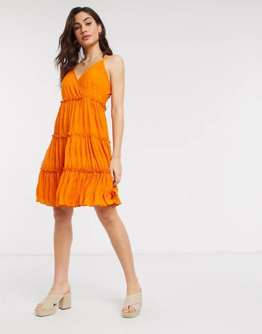 Y.A.S crinkle mini dress with tiered skirt in orange | ASOS (Global)