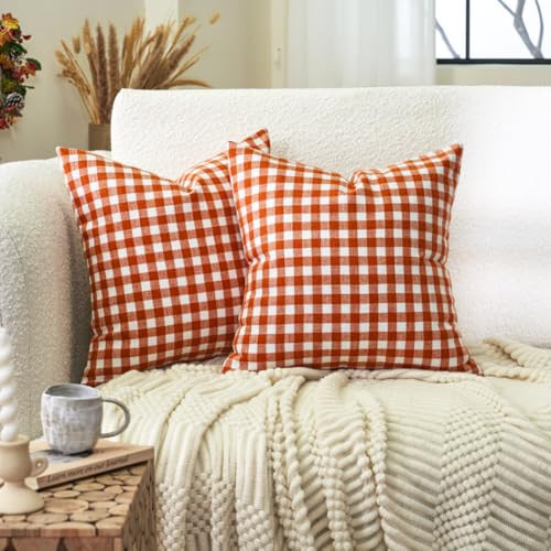 Fall Orange Plaid Gingham Porch Decor Outdoor Pillow Covers 18x18 Set of 2 | Amazon (US)