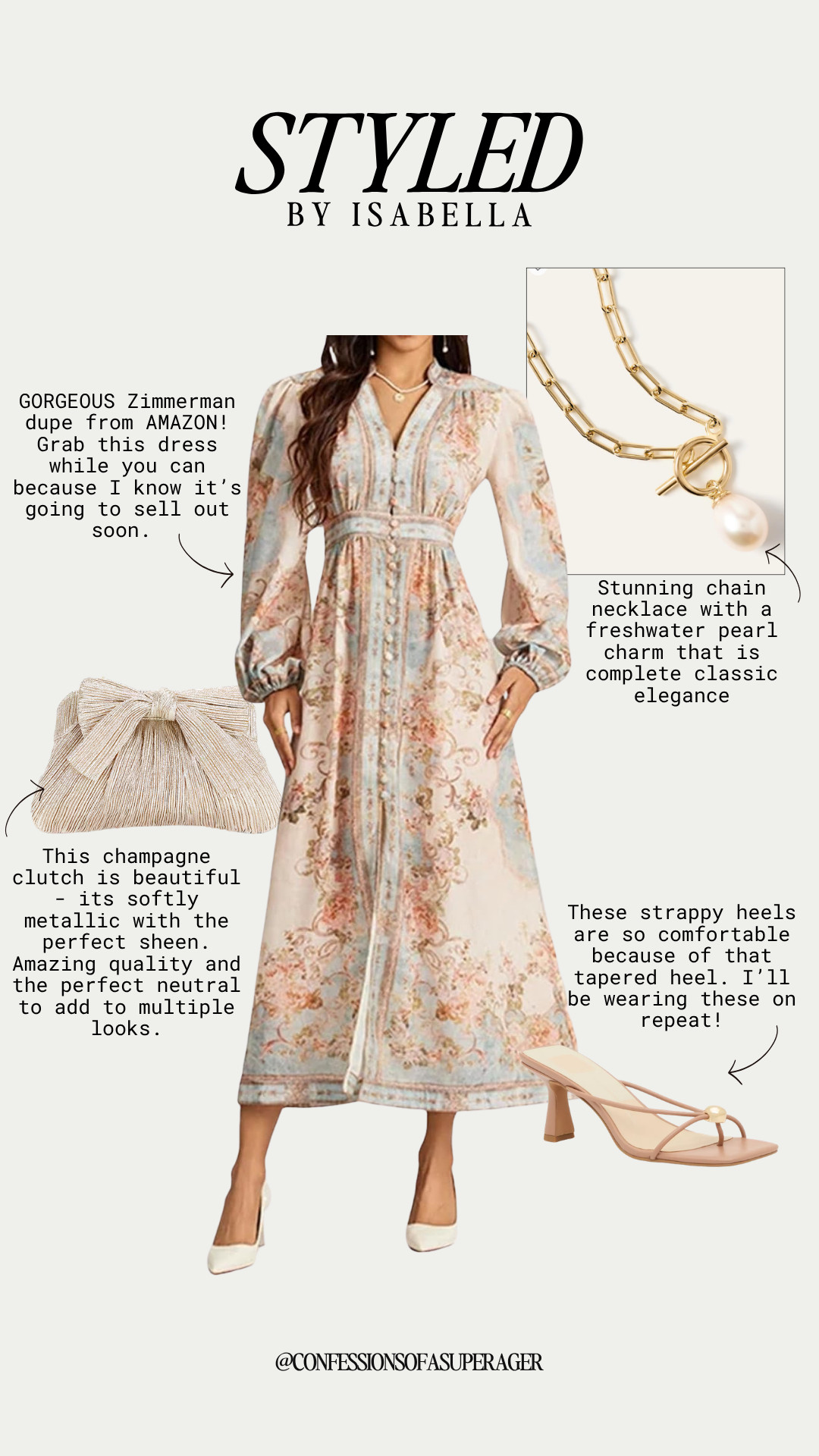 If you love the high-end designer look but not the price tag, you need to grab this gorgeous Zimmerman-inspired floral midi dress from Amazon before it sells out! The quality is incredible, and it’s the perfect elegant choice for spring weddings, baby showers, or a classy brunch. I’ve styled it with a stunning freshwater pearl toggle necklace and a champagne bow clutch for a touch of classic sophistication. To keep it comfortable yet chic, these neutral strappy heels with a tapered heel are my absolute go-to for all-day wear. 

 

 #LTKMothersDay

#LTKootd #LTKSaleAlert