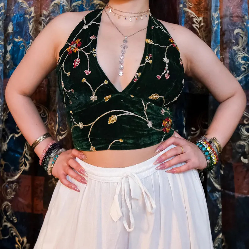 Velvet Halter Bralette Top, Embroidered Fairycore Boho Crop Top, Handmade Festival Wrap Blouse, C... | Etsy (US)