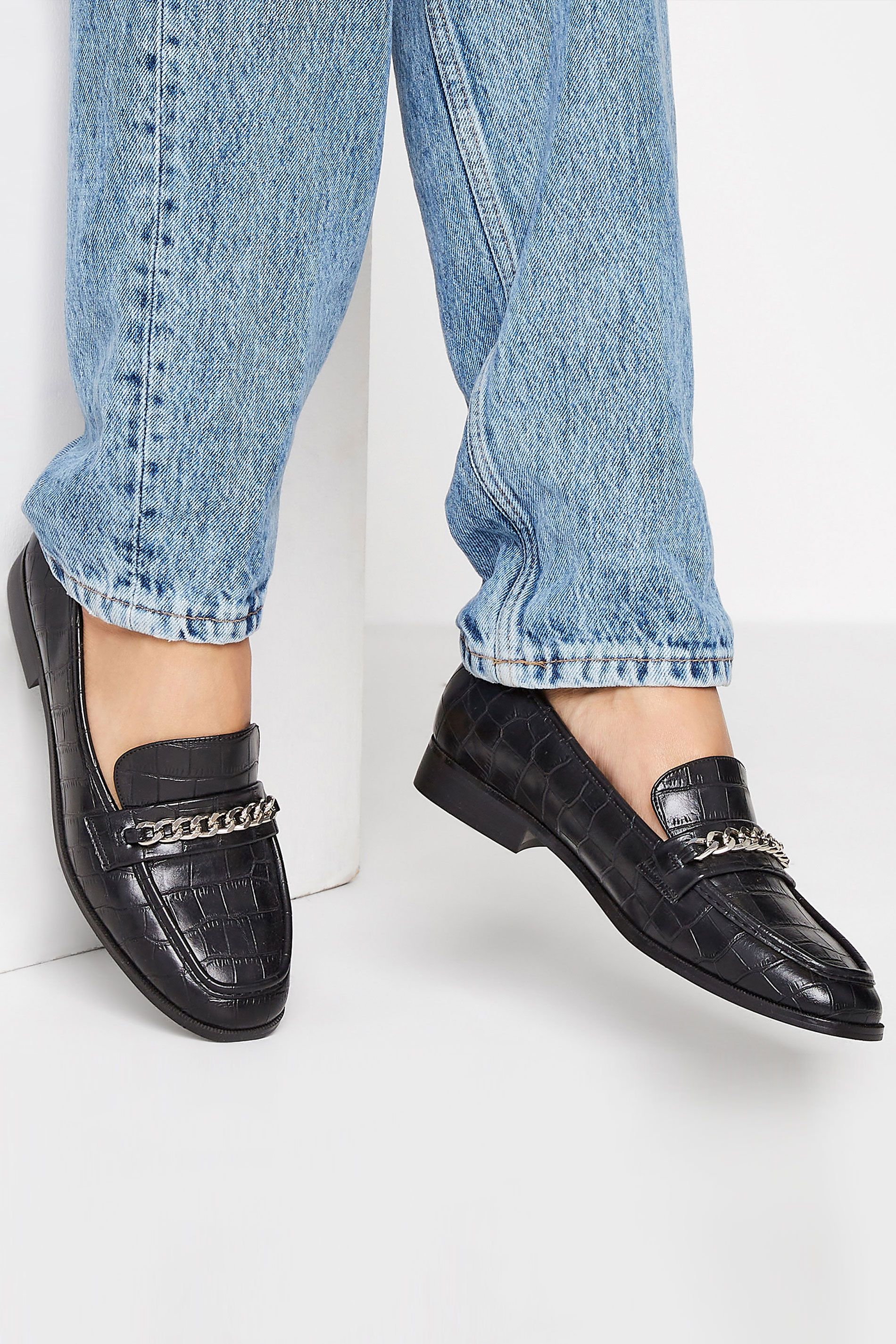 LTS Black Croc Chain Detail Loafers | Long Tall Sally