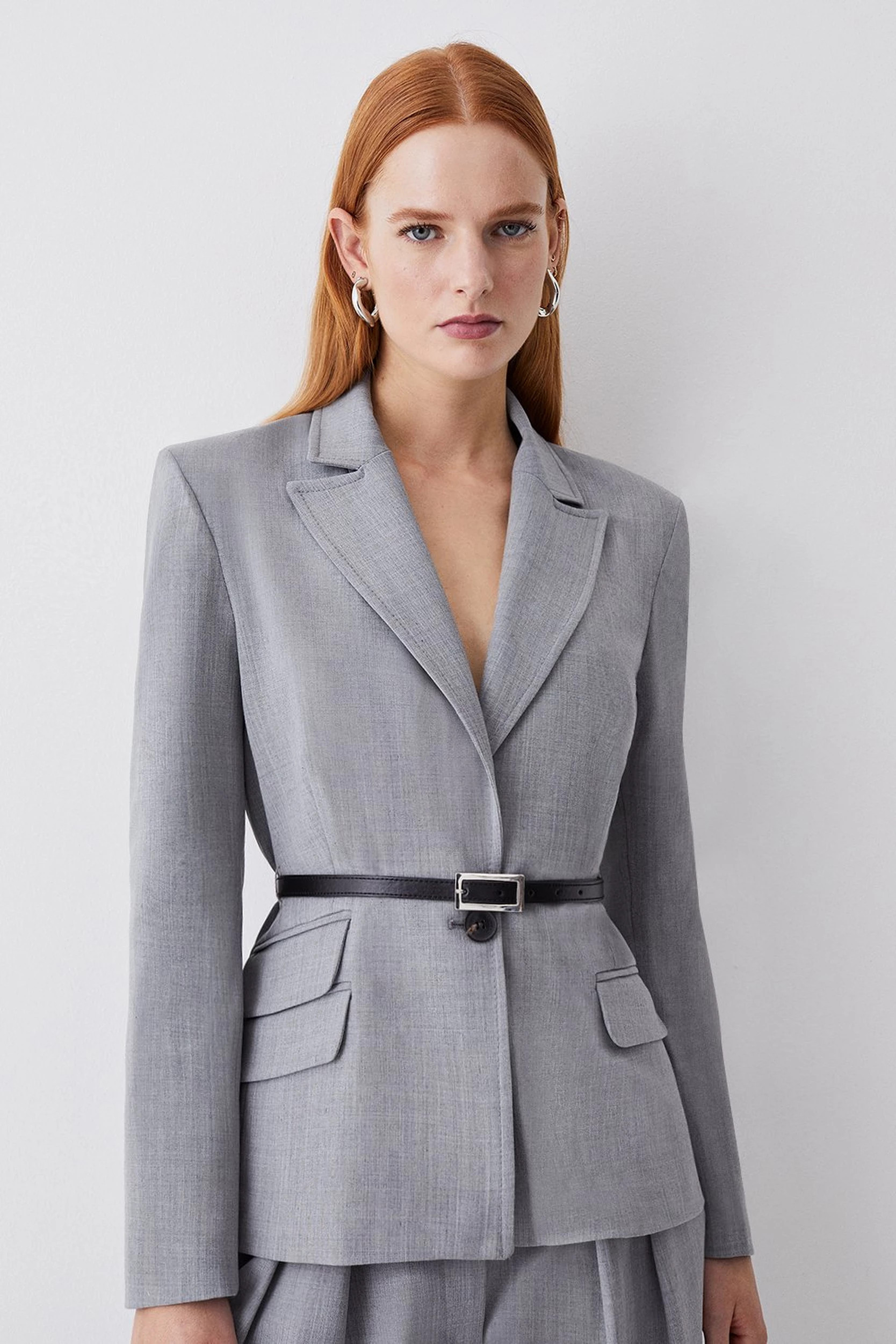 Wool Blend Strong Shoulder Tailored Belted Jacket | Karen Millen UK + IE + DE + NL