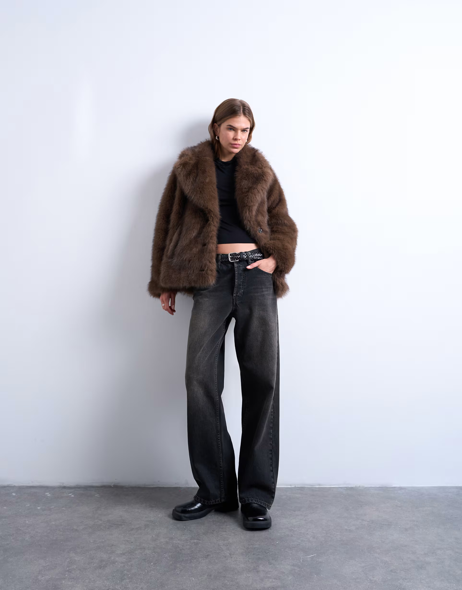 Topshop faux fur short jacket with buttons in chocolate | ASOS | ASOS (Global)