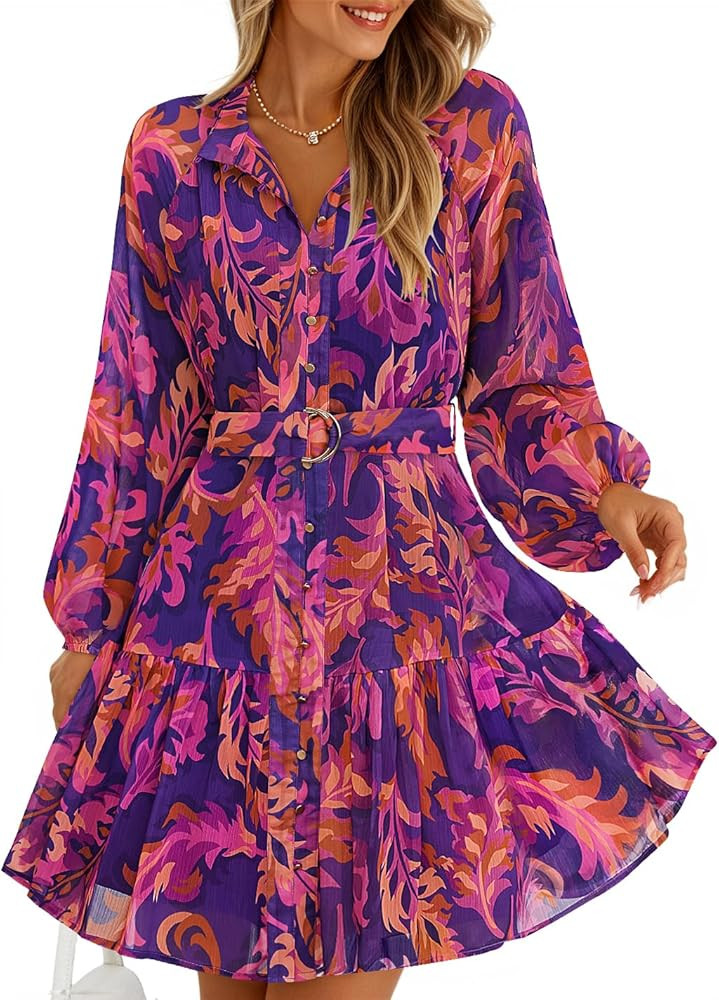 ZESICA Womens Floral Long Sleeve Mini Dress Spring Button Chiffon A Line Swing Short Wedding Gues... | Amazon (US)