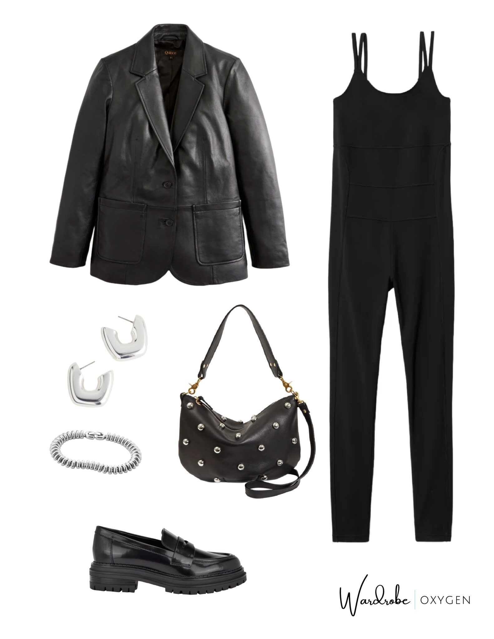 An edgy night out look featuring a leather blazer and a Universal Standard size inclusive bodysuit. Silver earrings add modernity while still fitting the tough rocker vibe. 

#LTKPlusSize #LTKMidsize #LTKOver40