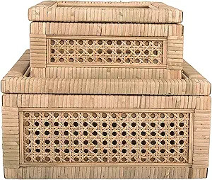 Creative Co-Op Boho Woven Cane and Rattan Display Boxes with Glass Lids, Set of 2 Sizes, Natural | Amazon (US)