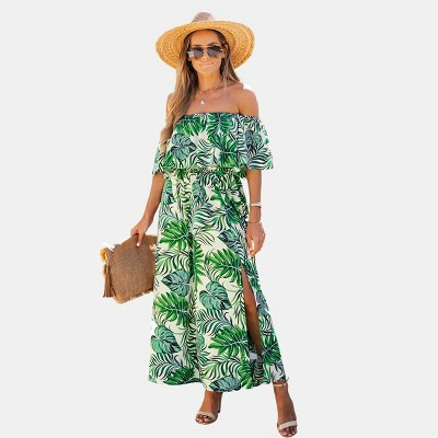 Women's Green & Orange Tropical Floral Off-Shoulder Flounce Bodice Maxi Dress - Cupshe-XL-Tropical Green | Target
