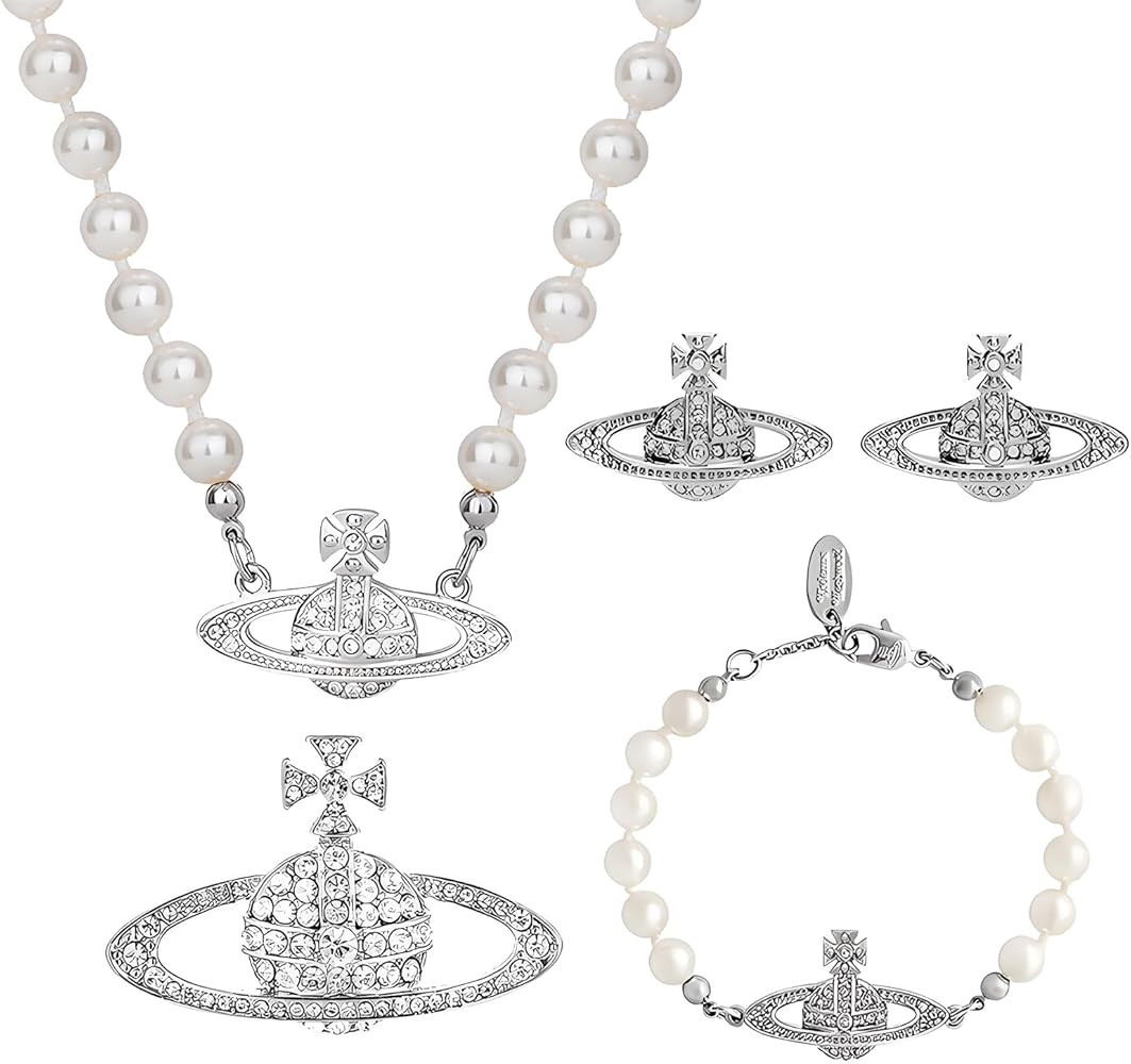 Dreuyet 4PCS Rhinestone Planet Saturn Pearl Choker Necklace Bracelet Earring Brooch Pin Jewelry S... | Amazon (US)