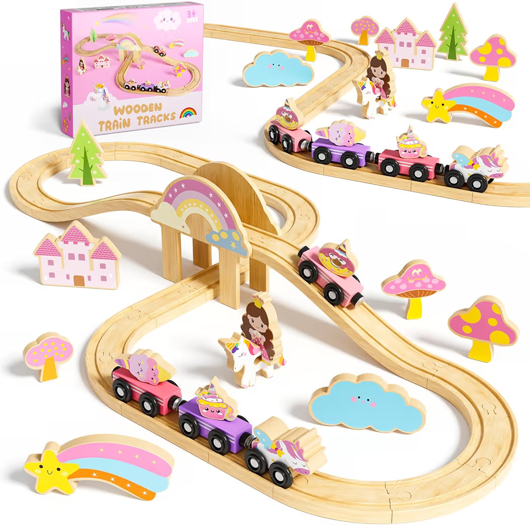 Unicorn Wooden Train Set for Toddler Girls Ages 2-4 Magical Fairy 38 Pcs Toddler Girl Toys with R... | Amazon (US)