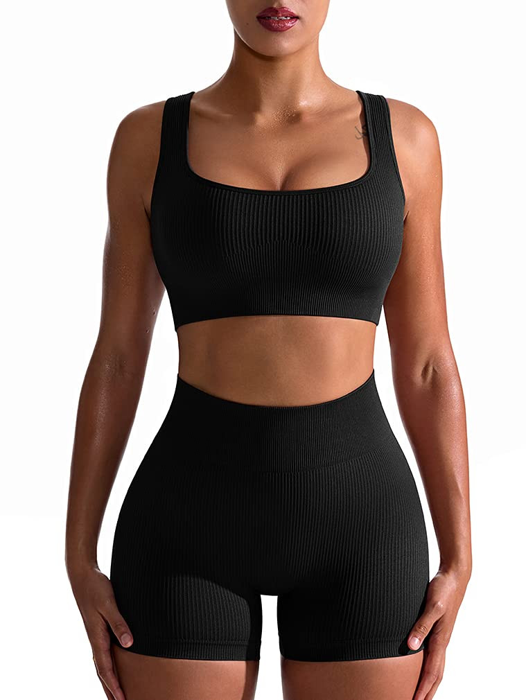 OQQ Workout Outfits for Women 2 Piece Seamless Ribbed High Waist Leggings with Sports Bra Exercise S | Amazon (US)