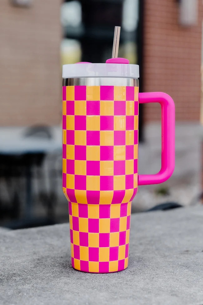 Sippin' Pretty Pink and Orange Checkered 40 oz Drink Tumbler With Lid And Straw | Pink Lily