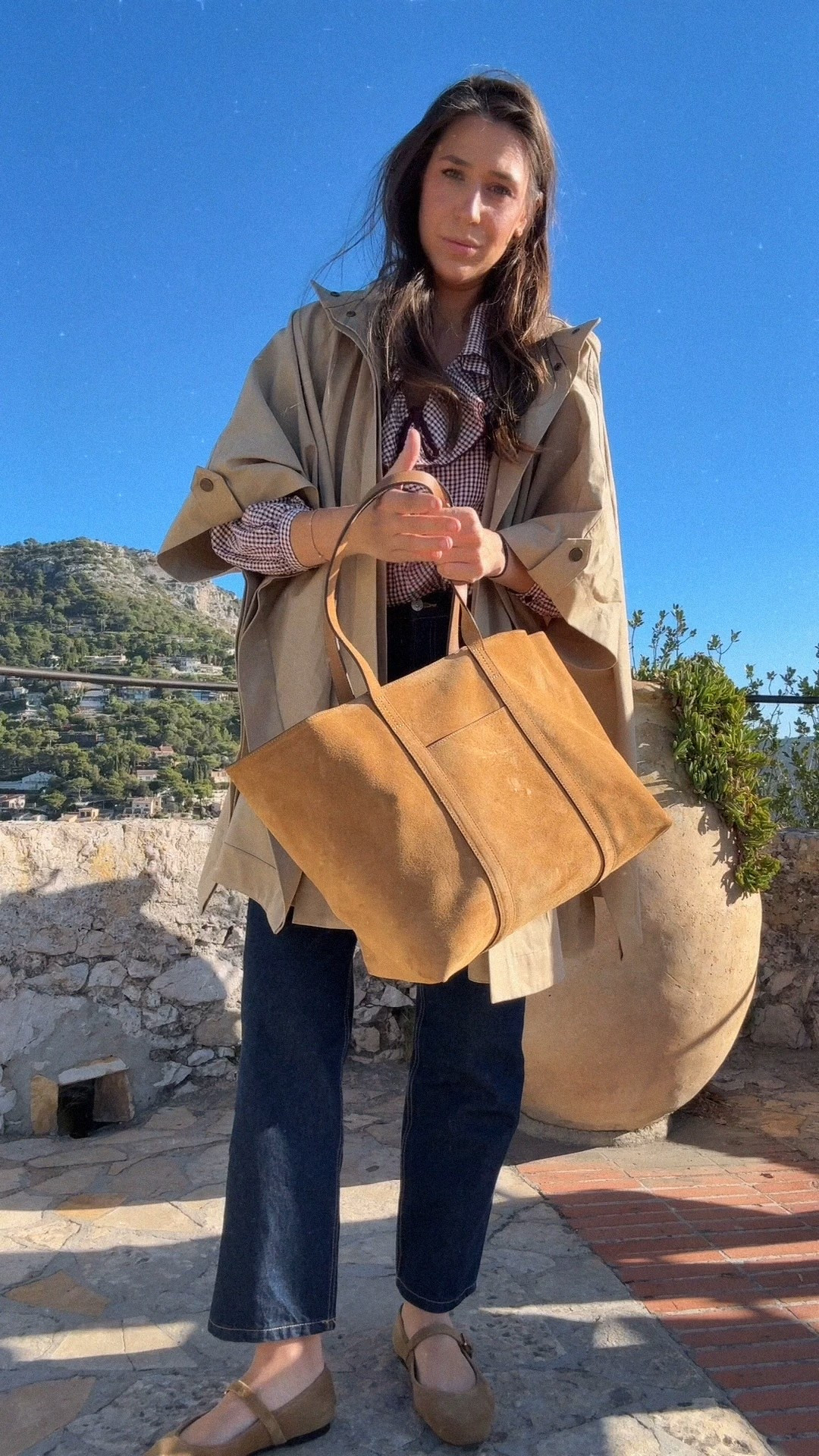 Sézane cape trench, Zara Gingham ruffle blouse, Sézane suede tote bag, Zara mom fit denim, suede Mary Janes — fit is TTS! 

#LTKFindsUnder50 #LTKStyleTip