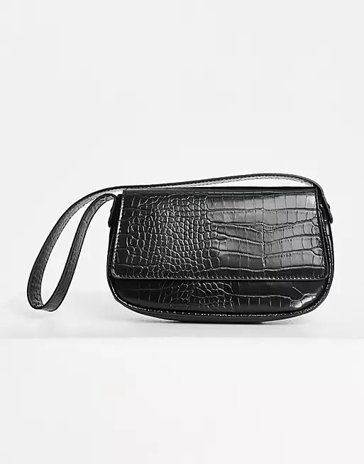 ASOS DESIGN shoulder bag with flap in black croc | ASOS (Global)