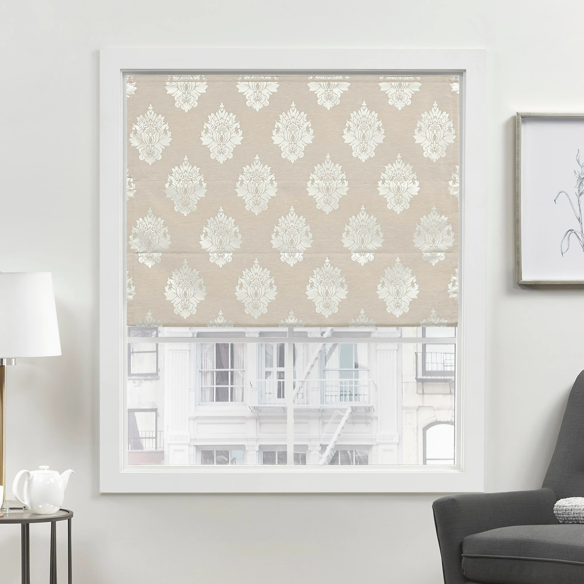 Exclusive Home Marseilles Damask 23-in x 64-in Natural Room Darkening Blackout Cordless Roman Shade one_size in Brown | YO013608DSEHA1 037 | Lowe's