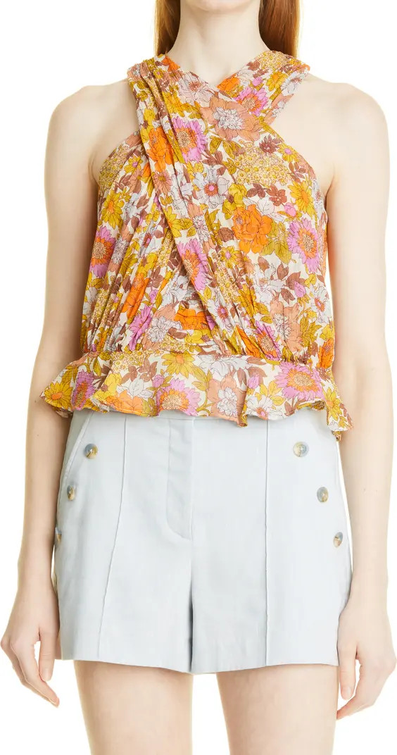 Veronica Beard Kailani Floral Print Crossover Silk Halter Top | Nordstrom | Nordstrom
