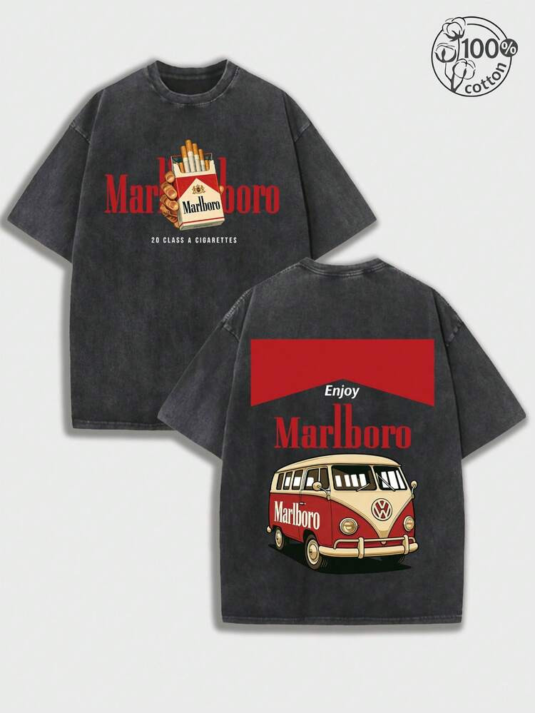 MarlboroRetro Washed T-Shirt, Summer Casual Men's T-Shirt, American Street Style Y2K Retro Bus Cigarette Print, Comfortable And Soft Fabric, Washable, Suitable For Everyday Wear, Outdoor Activities, Sports, Holidays And Parties, Top Choice Gift For Boyfriend. | SHEIN