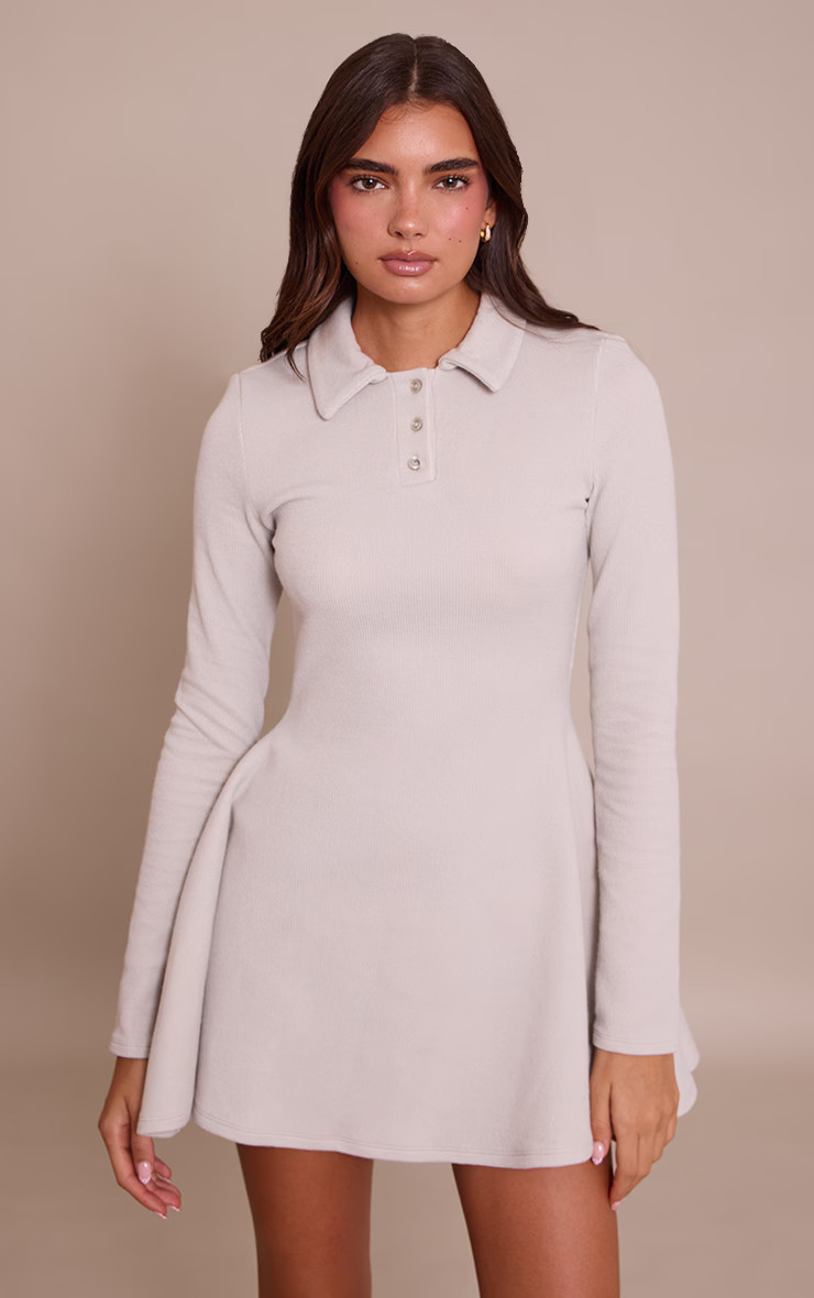 Grey Ribbed Long Sleeve Shift Dress | Dresses | PrettyLittleThing US