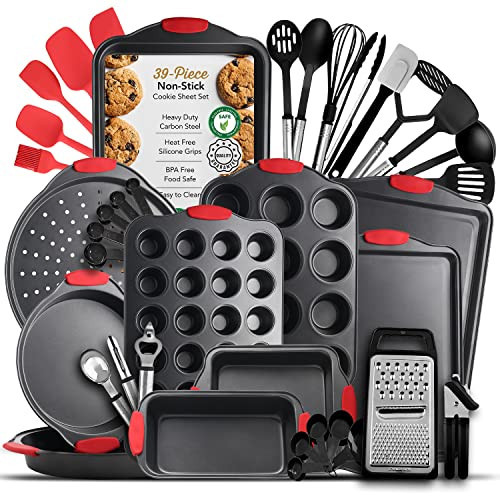 Eatex Nonstick Baking Sheet Set, 39-Piece Baking Pans Set with Silicone Handles, Carbon Steel Cookie Sheets for Baking, Commercial Grade Quality Bakeware Sets Includes Kitchen Utensils Set and More | Amazon (US)