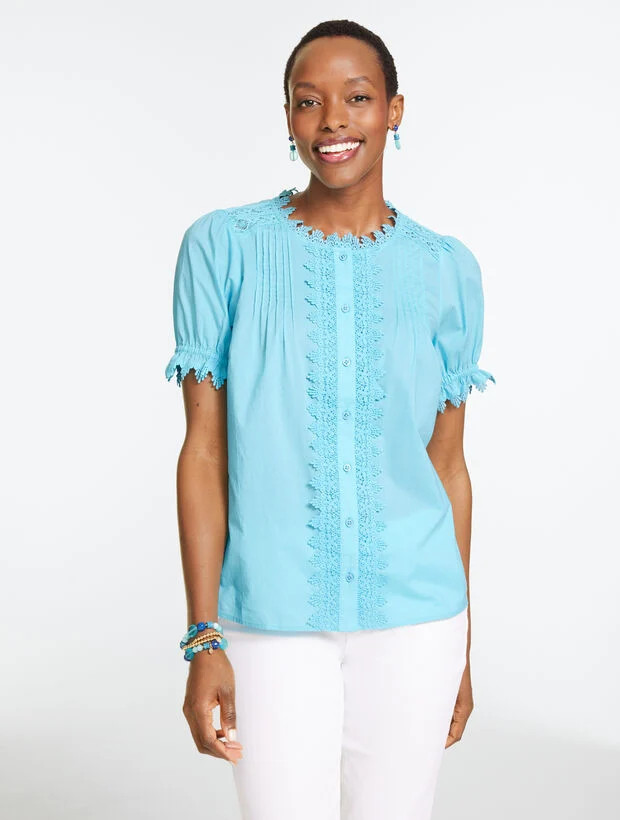Lace Trim Button Front Voile Top | Talbots