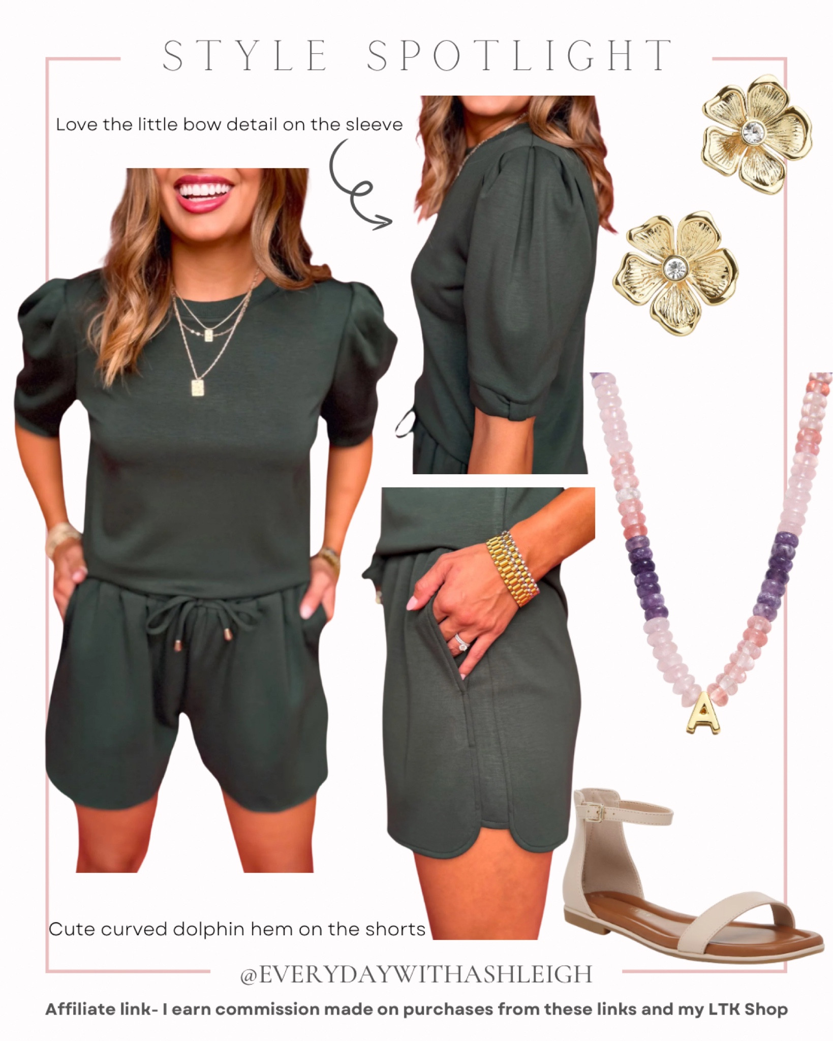 Style spotlight on this outfit I recently wore. I love the little details in this outfit like the little bow on the sleeve and curved dolphin hem on the shorts. Paired with some fun accessories for a casual polished look! 

#LTKStyleTip #LTKFindsUnder100 #LTKFindsUnder50