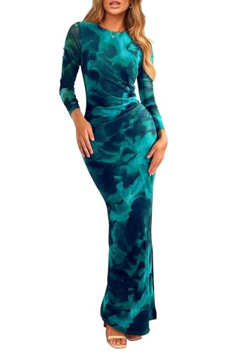 PRETTYGARDEN Women's Bodycon Maxi Dress Fall Spring Fashion Long Sleeve Floral Print Tight Fitted Party Club Ruched Dresses (Print Lake Blue,Medium) | Amazon (US)