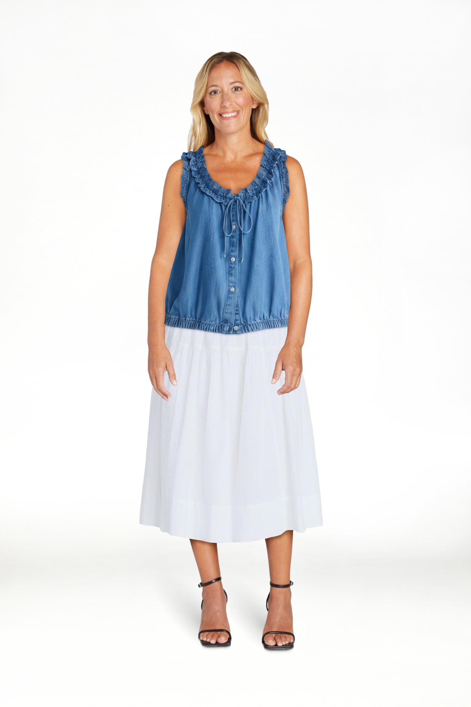 Free Assembly Eyelet Ruffle Sleeveless Chambray Top, Sizes XS-XL | Walmart (US)