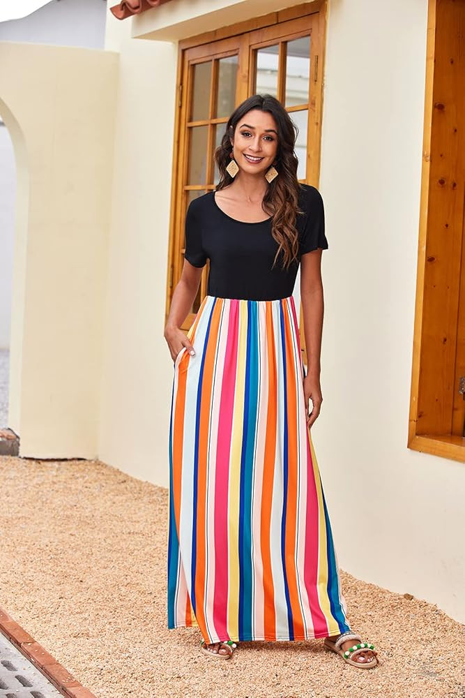 Amazon.com: OURS Ladies Short Sleeve Stripe Printed Maxi Dress Summer Loose Lightweight Casual Long  | Amazon (US)