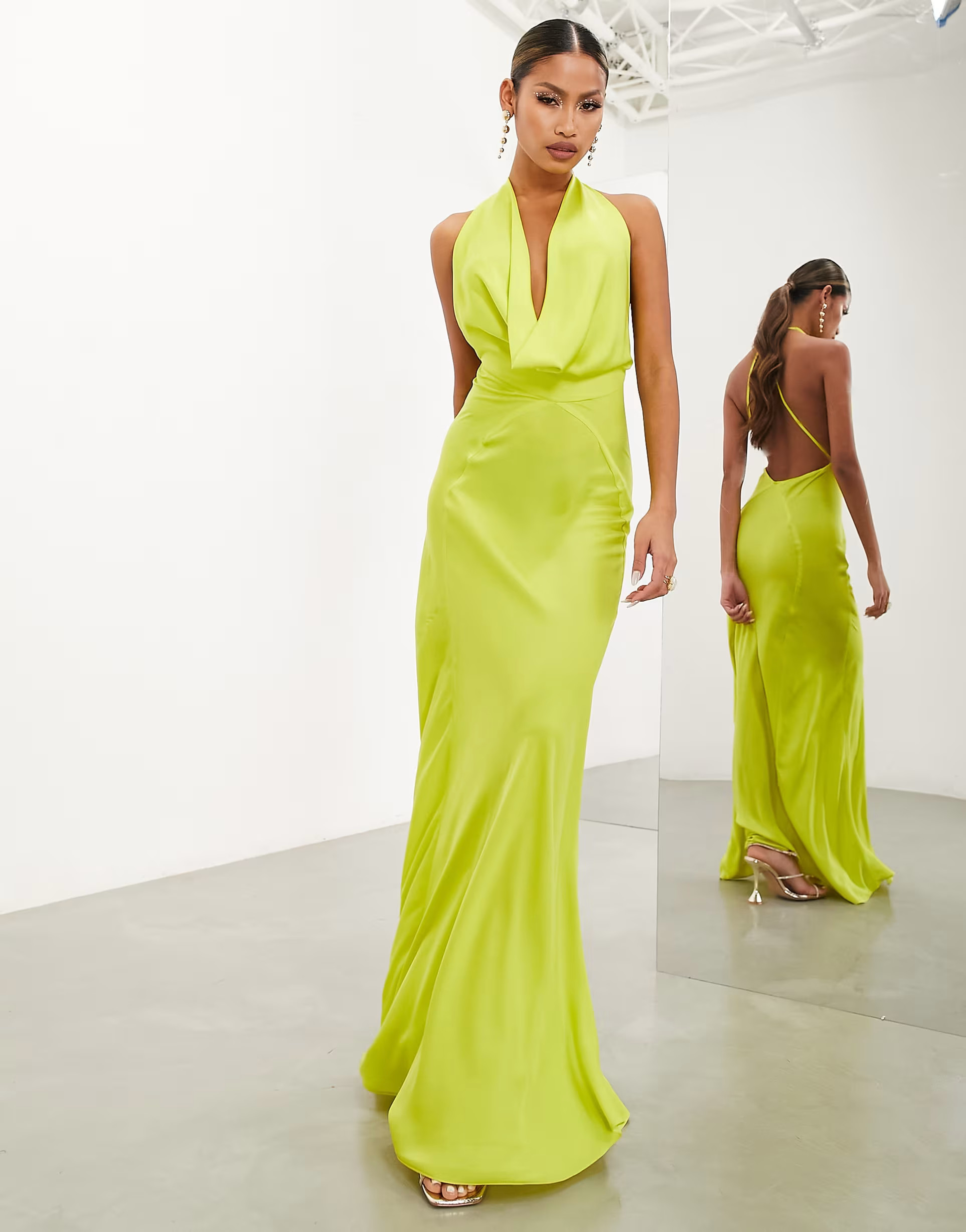 ASOS EDITION satin statement cowl neck maxi dress in lime green | ASOS (Global)