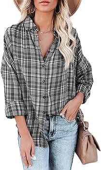 AlvaQ Women's Classic Plaid Shirts Long Sleeve Button Down Boyfriend Blouse Tops | Amazon (US)