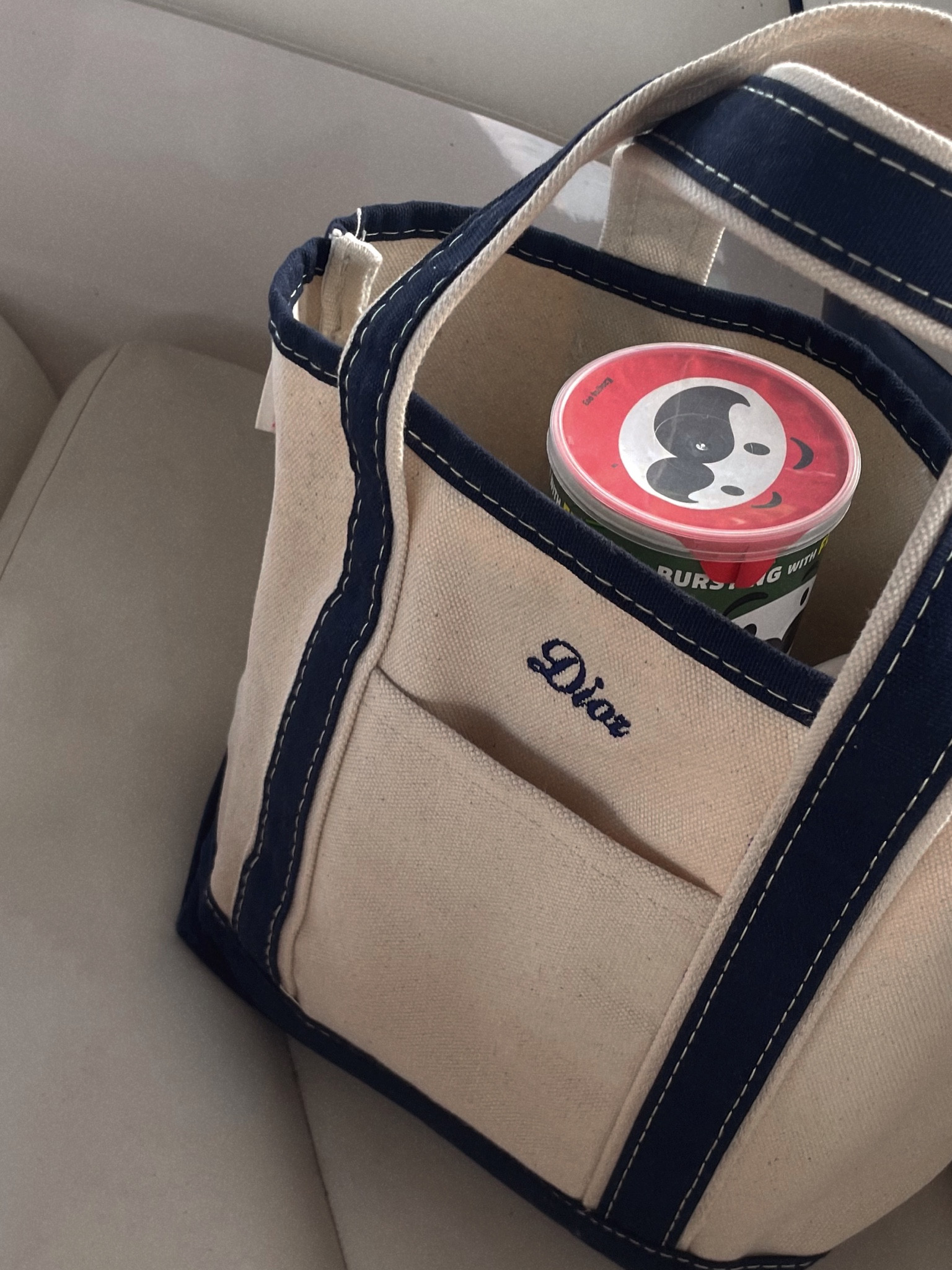 Canvas boat bag - request the Navy and font “Ballentines” to get this look 