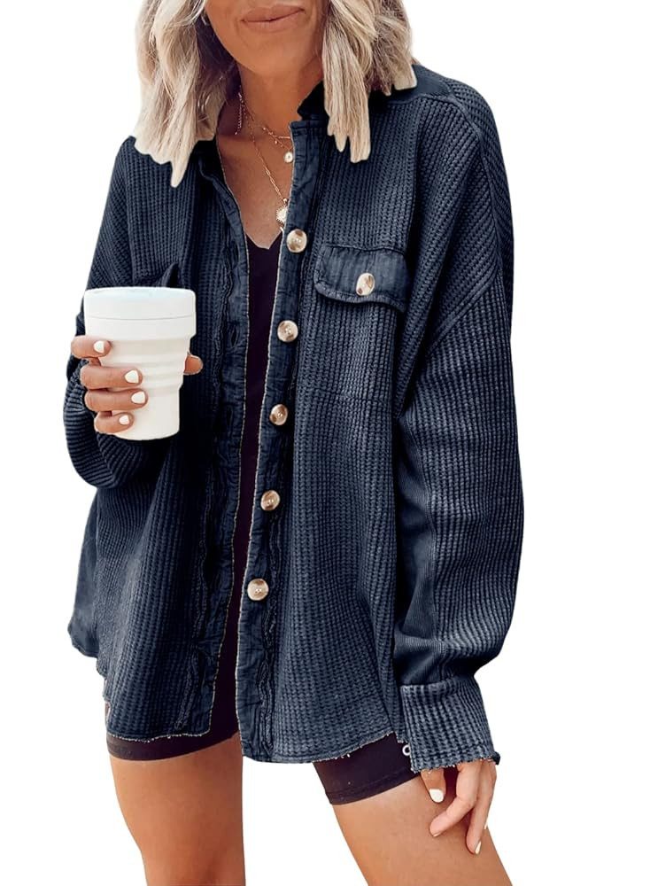 chouyatou Women's Loose Fit Batwing Sleeve Waffle Knit Button Down Shirt Shacket Tops | Amazon (US)