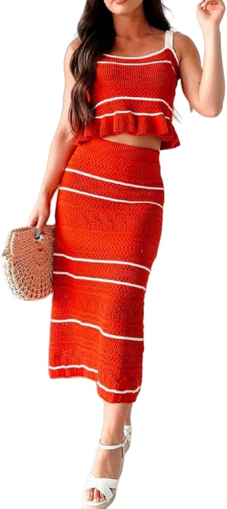 Women Crochet Knit 2 Piece Outfits Set Summer Striped Tie Shoulder Crop Top Bodycon Maxi Skirt Co... | Amazon (US)