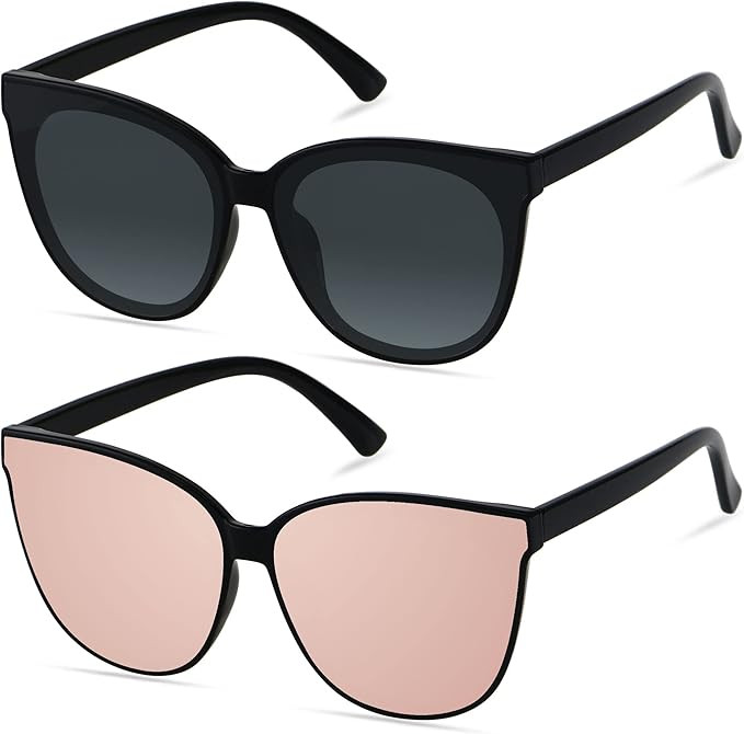 LYZOIT Oversized Cat Eye Sunglasses for Women Big Large Cateye Frame Shades 2 Pack Fashion Vintage S | Amazon (US)