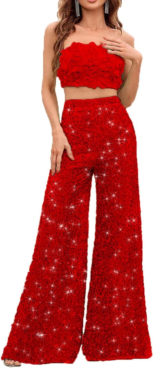 NOYIVA 2 Piece Set 3D Flower Strapless Crop Tube Top Prom Tops High Waist Sequin Flare Leg Pants ... | Amazon (CA)